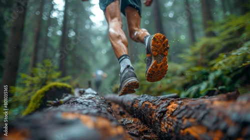 Adventurous athlete leaping over fallen trees on a challenging trail, embracing the obstacles and rewards of trail running.