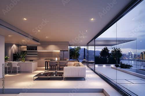 Stylish Modern Living Room with Glass Balcony and View