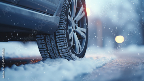 snow on car tire in winter season