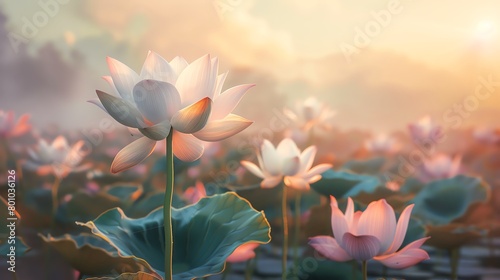 Lotus in full bloom, pastel peach backdrop, holistic health magazine cover, diffused sunlight, frontal shot photo