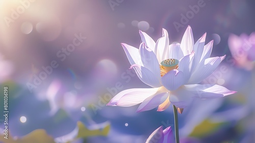 Pristine white lotus  soft lilac background  glossy wellness magazine cover  serene morning light  center focus