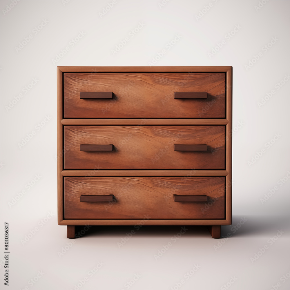 3D rendering of a wooden chest of drawers with brown handles against a white background 3D rendering of a wooden chest of drawers with brown handles against a white background