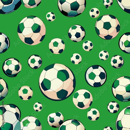 Seamless pattern of soccer balls scattered across a green field, Generative AI