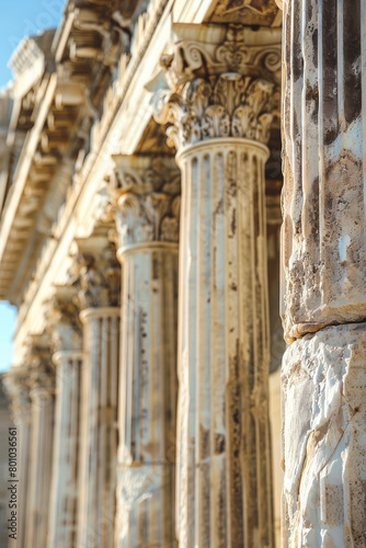Sunlit ancient columns with detailed carvings, showcasing architectural history and craftsmanship