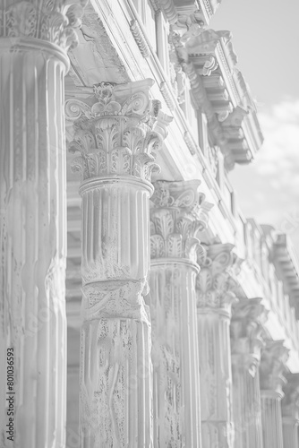 Elegant black and white high-key photo of ornate classical columns, architecture and history background