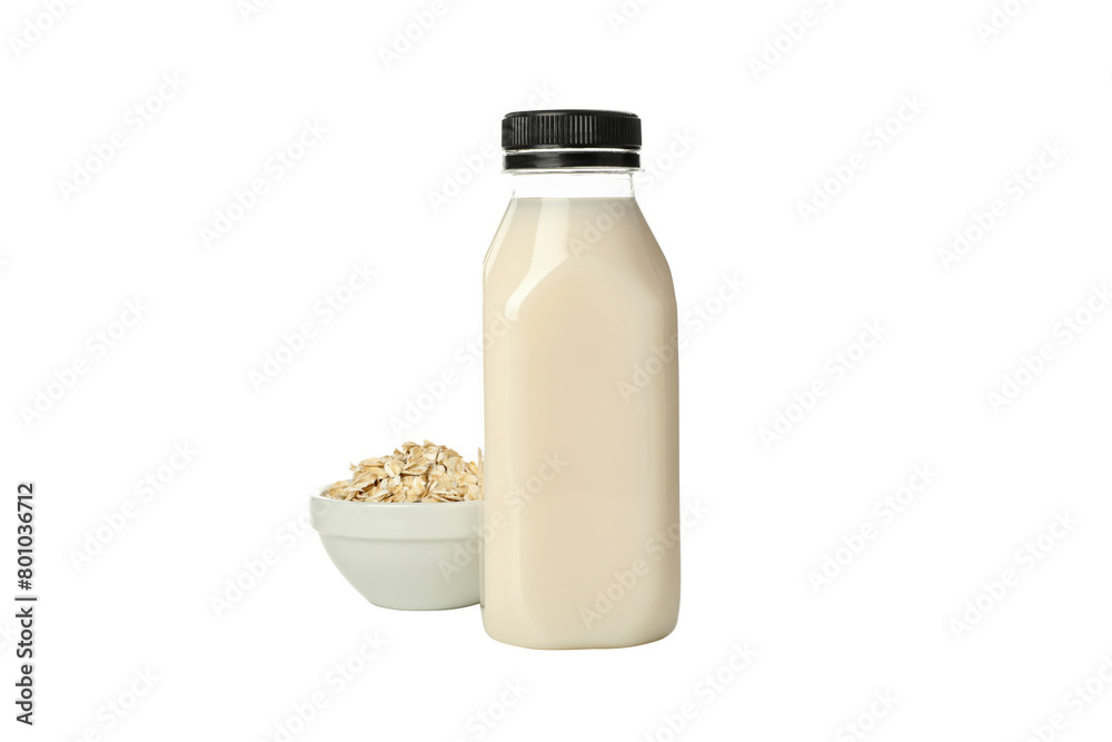 PNG, Bottles of milk and oatmeal in bowl, isolated on white background PNG, Bottles of milk and oatmeal in bowl, isolated on white background
