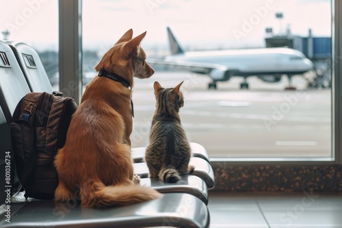 A dog and a cat are sitting on a bench in an airport waiting for their flight photo
