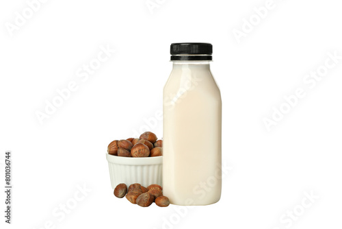 PNG  Bottle of milk and hazelnuts in bowl  isolated on white background