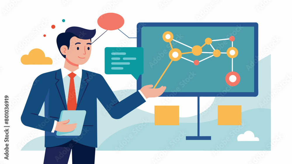 A businessman adjusts his presentation with a simple thought his neural link connected to the slideshow on the screen.. A businessman adjusts his presentation with a simple thought his neural link connected to the slideshow on the screen..