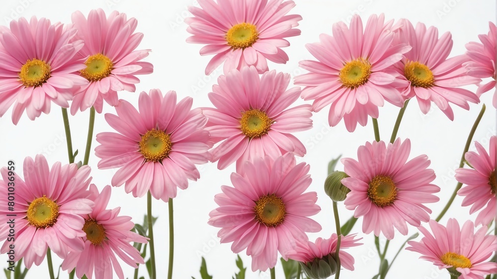 closeup of pink daisy flowers on plain white background from Generative AI