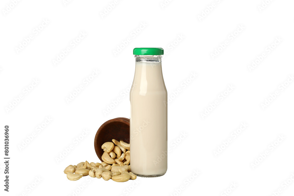 PNG, Bottle of milk and cashews in bowl, isolated on white background PNG, Bottle of milk and cashews in bowl, isolated on white background