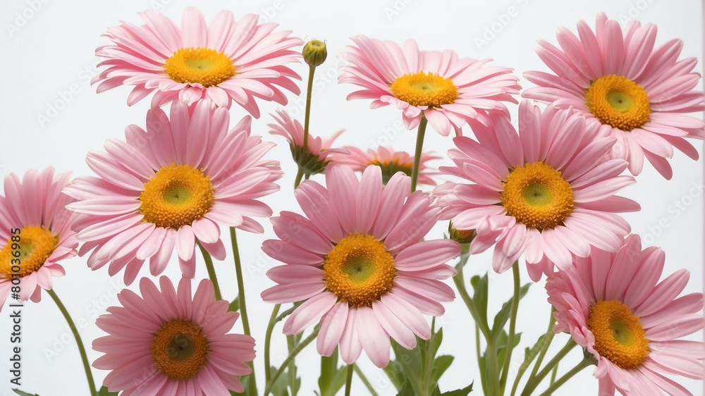 closeup of pink daisy flowers on plain white background from Generative AI closeup of pink daisy flowers on plain white background from Generative AI