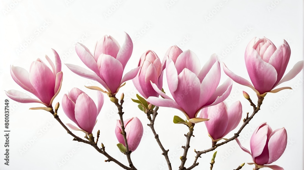 closeup of pink magnolia flowers on plain white background from Generative AI closeup of pink magnolia flowers on plain white background from Generative AI