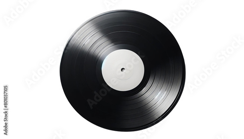 A black record with a white label sits on a white background