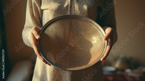 Young woman holding flour sifter photo
