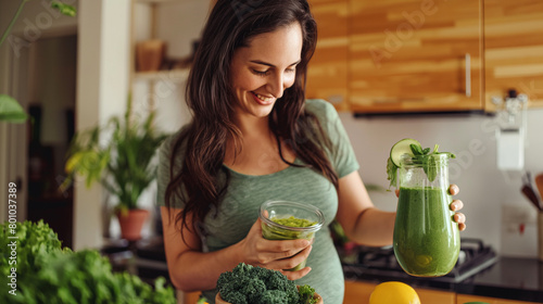 With a sense of vitality, the pregnant woman blends a vibrant green smoothie with kale, spinach, and tropical fruits, her smile growing as she envisions the nourishing boost of vit photo