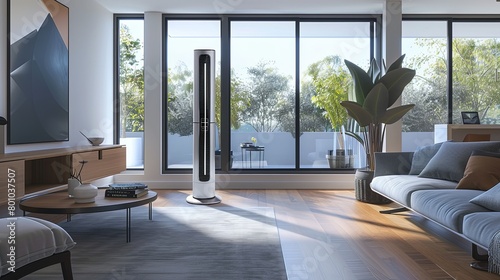 A stylish tower fan standing tall in a contemporary living room  its oscillating blades dispersing cool air evenly throughout the space 