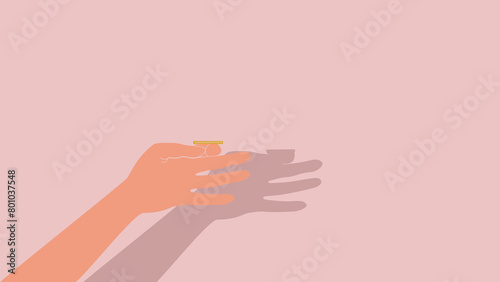 Hand  flips coin  isolated as concept heads or tails, flat vector stock illustration for design