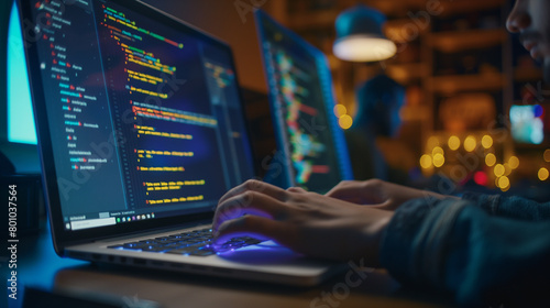 With fingers dancing across the keyboard, a developer's hands blur as lines of code materialize on the screen of their laptop, the glow of the monitor illuminating their intense fo