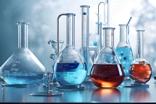 Chemistry lab arrayed distinctly on a table, swirling with vibrant substances, biological apparatuses amidst delicate glassware, set against a striking azure backdrop, ultra-clear, high detail, digita photo