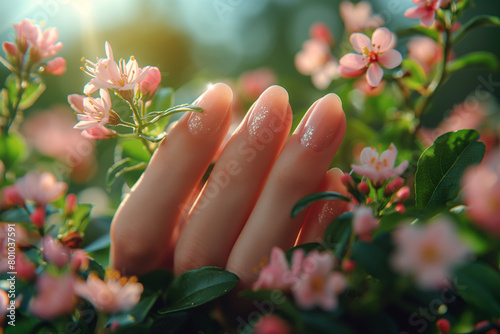 Sun-kissed Serenity: A close-up shot of perfectly manicured nails bathed in sunlight, showcasing their natural shine and smooth texture against a backdrop of lush greenery and bloo photo