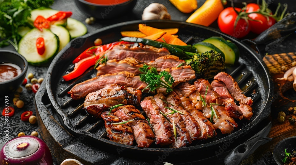 A tantalizing spread of thinly sliced pork, sizzling on a hot grill pan surrounded by colorful vegetables,