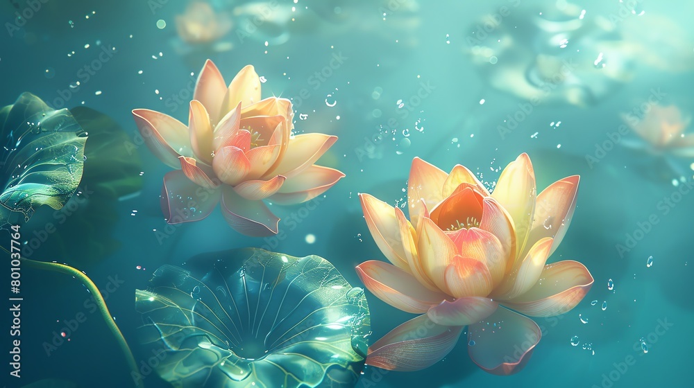 Floating lotus pair, tranquil turquoise background, meditation magazine cover, gentle side lighting, overhead composition