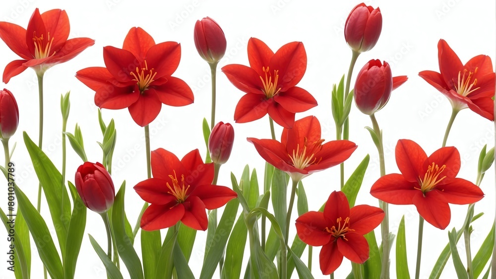 closeup of red spring flowers on plain white background from Generative AI