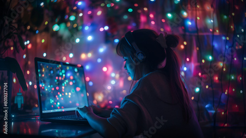Beneath a canopy of twinkling fairy lights, a developer's laptop screen becomes a canvas for creativity, the glow of the monitor illuminating their face as they breathe life into d