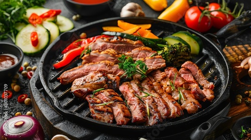 A tantalizing spread of thinly sliced pork, sizzling on a hot grill pan surrounded by colorful vegetables,