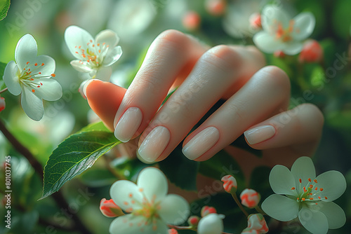 Sun-kissed Serenity: A close-up shot of perfectly manicured nails bathed in sunlight, showcasing their natural shine and smooth texture against a backdrop of lush greenery and bloo photo