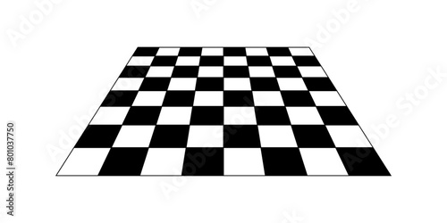 Empty chess board in perspective. Tiled floor angled point of view. Sloped checkerboard texture. Inclined board with black and white checkere pattern isolated on white background. Vector illustration
