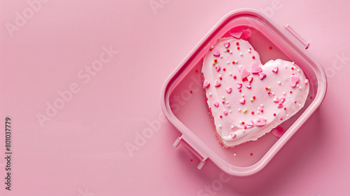 Plastic lunch box with heart-shaped bento cake on pink