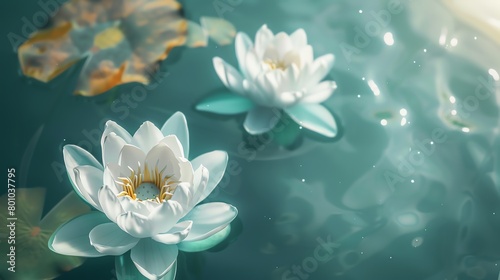 Floating lotus pair, tranquil turquoise background, meditation magazine cover, gentle side lighting, overhead composition