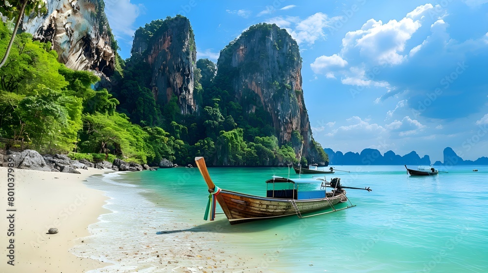 Obraz premium A colorful postcard with a turquoise lagoon seascape with a boat off the coast of Thailand. The concept of the tourist banner is welcome to Thailand.