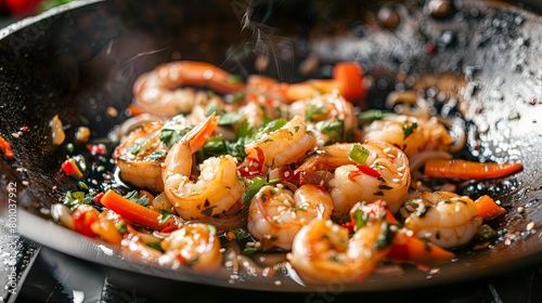 A tempting view of a seafood stir-fry sizzling in a wok, featuring tender squid, plump shrimp, and crisp vegetables, tossed in a savory sauce and garnished with fresh herbs,