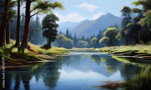 peaceful serenity of a meandering river with realistic reflections of overhanging trees  photo