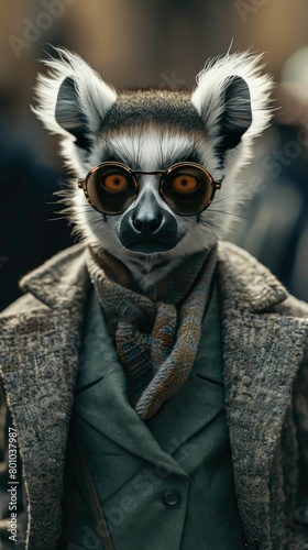 Stylish lemur moves through city streets in tailored splendor, epitomizing street style. The realistic urban setting captures this primatial charm, seamlessly merging exotic allure with contemporary f © Дмитрий Симаков