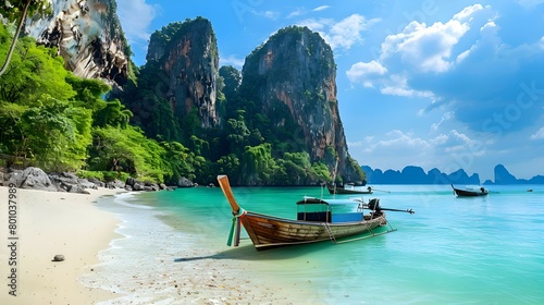 A colorful postcard with a turquoise lagoon seascape with a boat off the coast of Thailand. The concept of the tourist banner is welcome to Thailand. © Irina