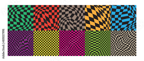 Set of deformated checkered backgrounds. Groovy psychedelic patterns with colorful warped squares. Preppy layouts with optical illusions in retro 60s 70s 80s 90s y2k style. Vector flat illustration photo