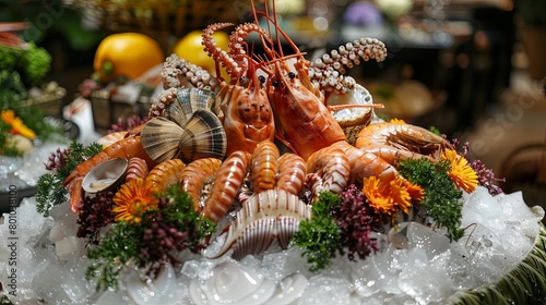 A vibrant display of fresh squid, clams, and prawns arranged on a bed of ice, showcasing the bounty of the sea and offering a tantalizing glimpse of delicious seafood delights.