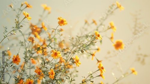 Wild marigolds, light cream background, ecofriendly lifestyle magazine cover, soft ambient lighting, full frame