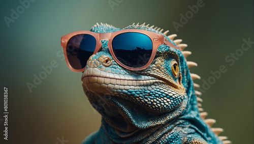 A blue iguana wearing pink plastic sunglasses is looking at the camera with a slight smile on its face.  
