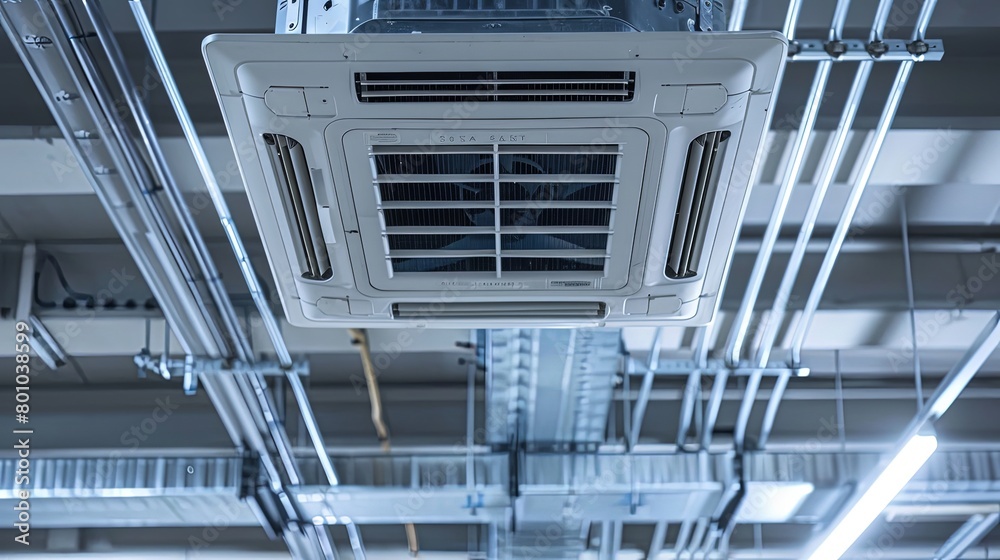 An air conditioning unit mounted on a ceiling, with adjustable vents directing cool airflow downwards, ensuring optimal comfort and temperature control in a commercial or residential space. An air conditioning unit mounted on a ceiling, with adjustable vents directing cool airflow downwards, ensuring optimal comfort and temperature control in a commercial or residential space.