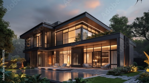 A Modern Home With A Swimming Pool In The Frontyard.