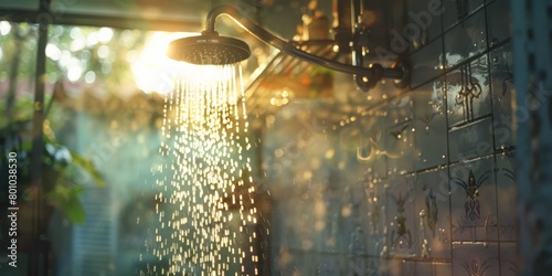 showerhead with water pouring out, bathroom in the background, blurred, light rays of sunshine coming through window on the wall behind. photo