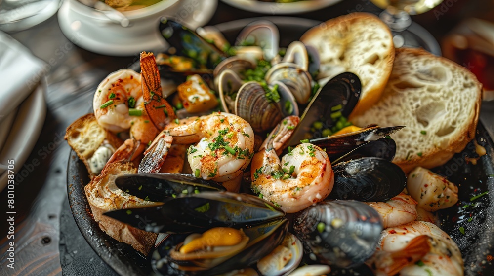 An appetizing scene of a seafood platter featuring a variety of clams, mussels, and shrimp, served with garlic butter and crusty bread, An appetizing scene of a seafood platter featuring a variety of clams, mussels, and shrimp, served with garlic butter and crusty bread,