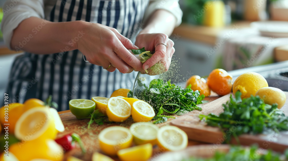 With a zest for flavor, the woman zest citrus fruits into a vibrant vinaigrette, her kitchen infused with the refreshing scent of lemon and lime as she adds a burst of brightness t With a zest for flavor, the woman zest citrus fruits into a vibrant vinaigrette, her kitchen infused with the refreshing scent of lemon and lime as she adds a burst of brightness t