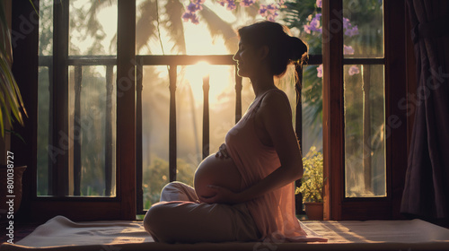 Surrounded by the soft light of dawn, the pregnant woman meditates on her balcony, her smile a reflection of the inner peace and harmony she cultivates within herself as she prepar photo