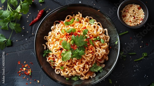 An appetizing view of a bowl of instant noodles  garnished with fresh herbs and spices  and served with a side of chili sauce  offering a quick and flavorful meal option for busy days or late nights.